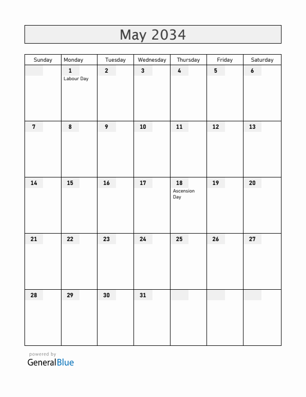 Burundi May 2034 Calendar with Holidays