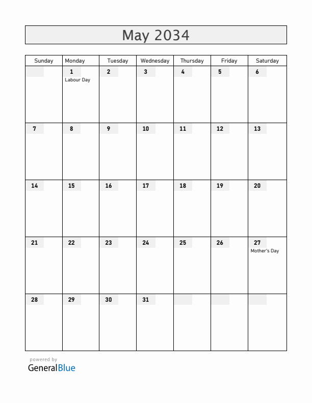 Bolivia May 2034 Calendar with Holidays