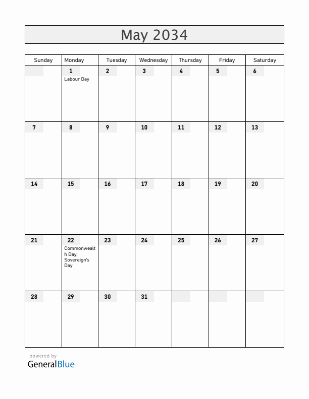 Belize May 2034 Calendar with Holidays