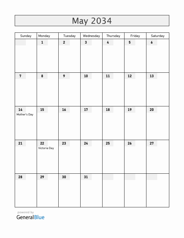 Canada May 2034 Calendar with Holidays