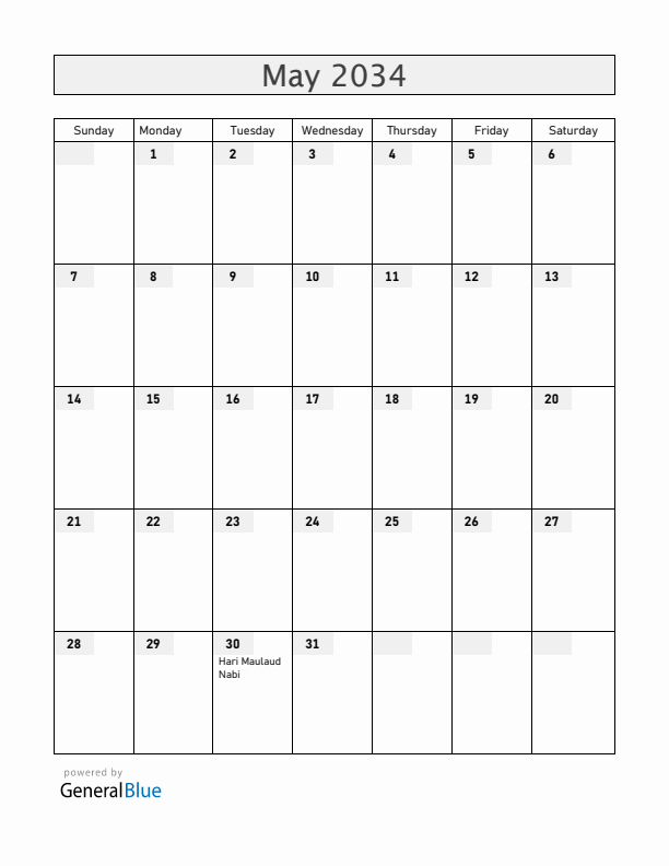 Cocos Islands May 2034 Calendar with Holidays