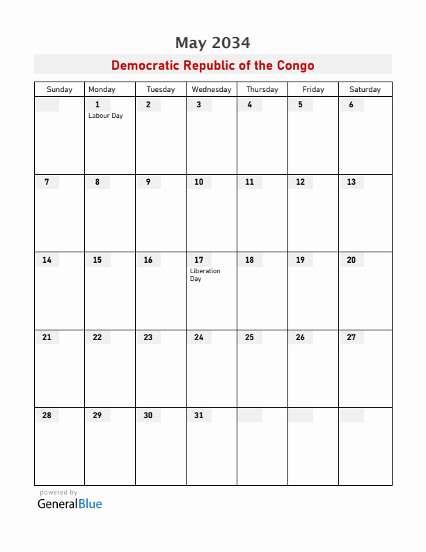 Democratic Republic of the Congo May 2034 Calendar with Holidays