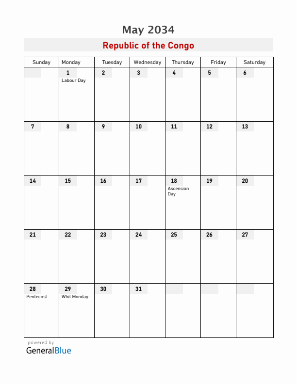 Republic of the Congo May 2034 Calendar with Holidays