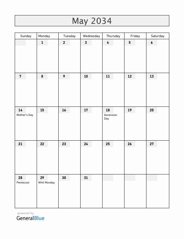 Switzerland May 2034 Calendar with Holidays