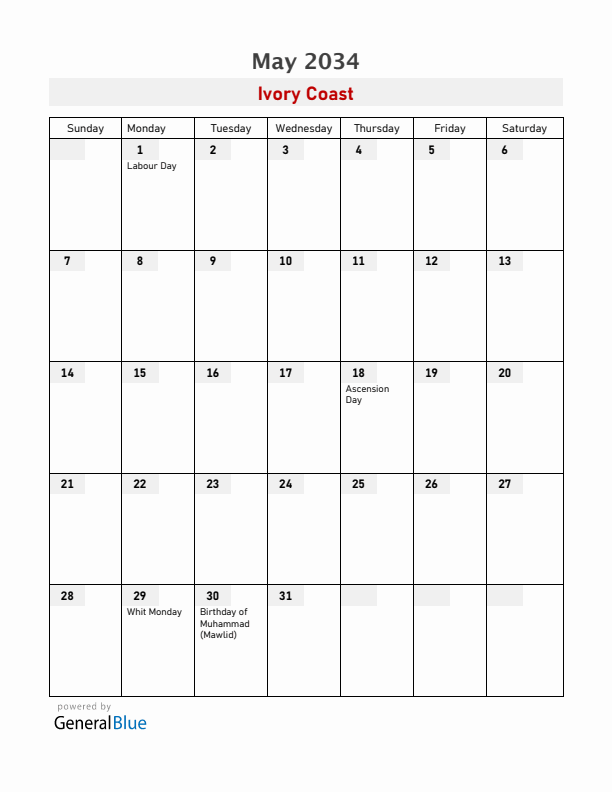 Ivory Coast May 2034 Calendar with Holidays