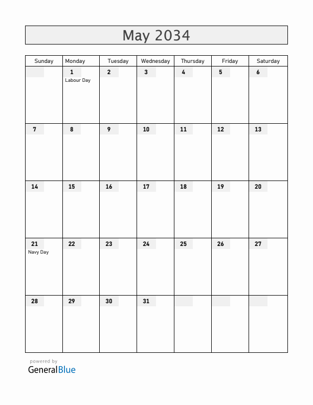 Chile May 2034 Calendar with Holidays