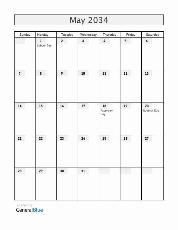 Cameroon May 2034 Calendar with Holidays