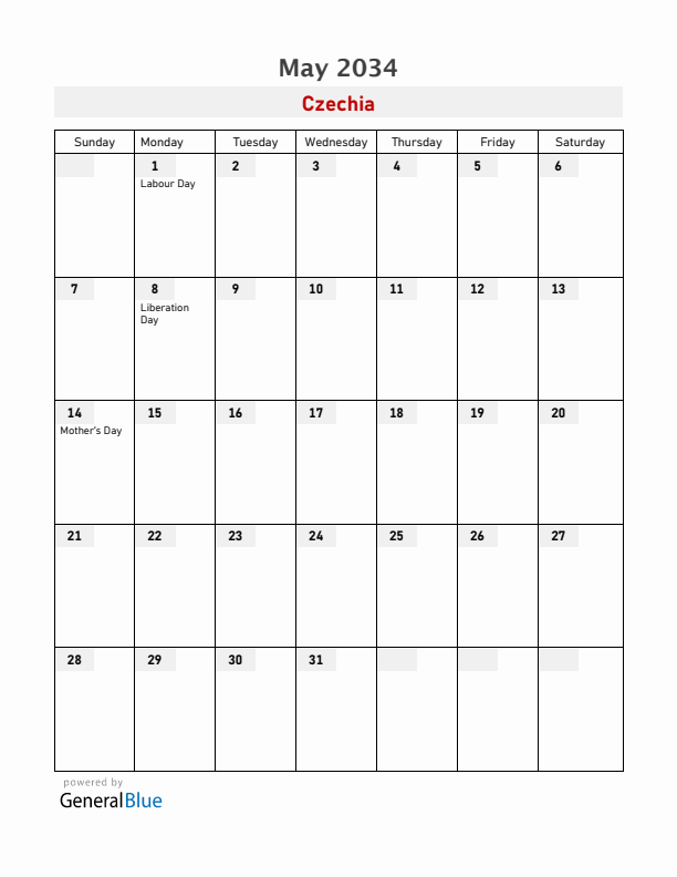 Czechia May 2034 Calendar with Holidays