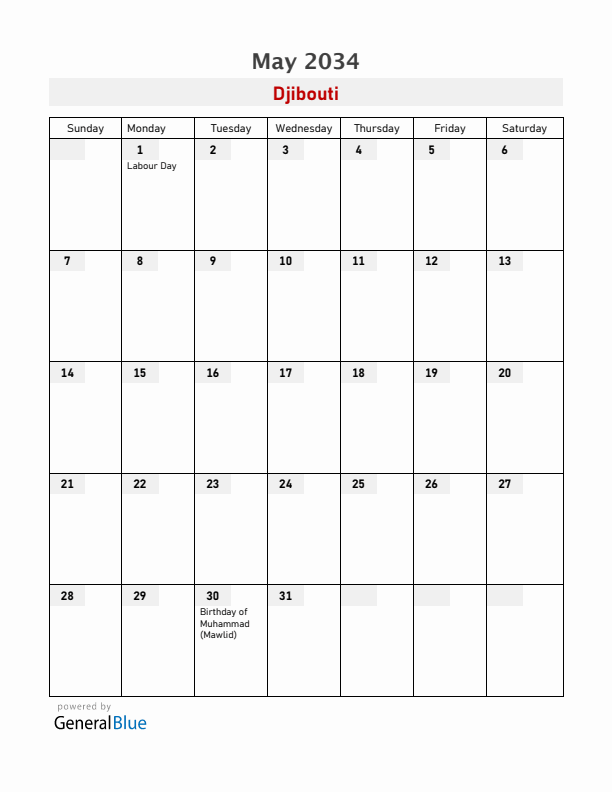 Djibouti May 2034 Calendar with Holidays