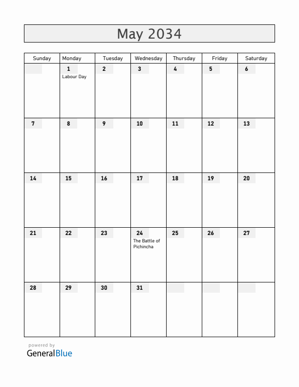 Ecuador May 2034 Calendar with Holidays