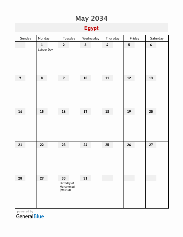 Egypt May 2034 Calendar with Holidays