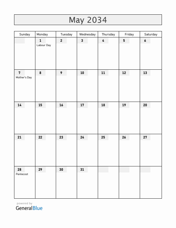 Spain May 2034 Calendar with Holidays
