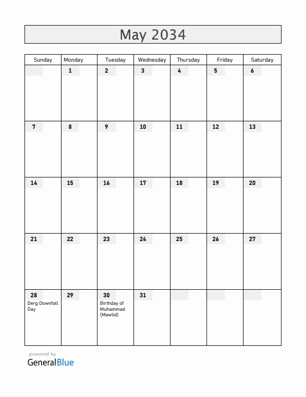 Ethiopia May 2034 Calendar with Holidays