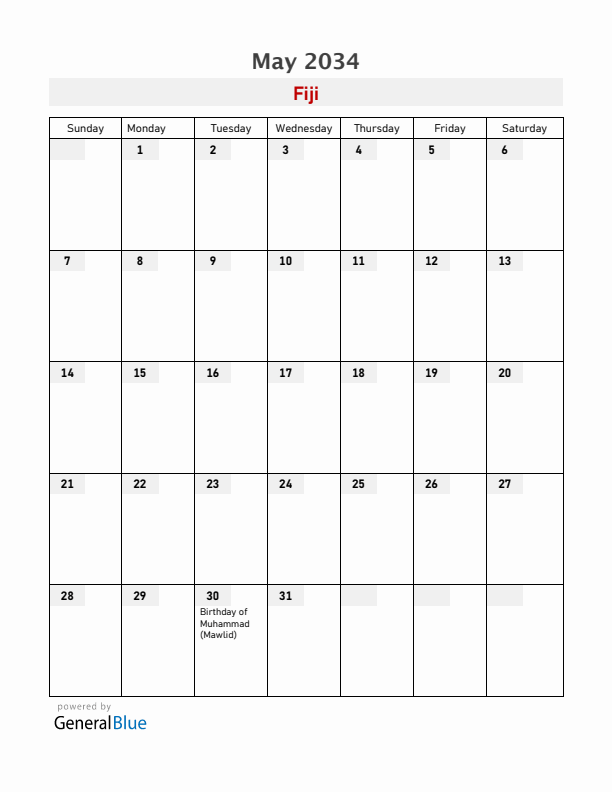 Fiji May 2034 Calendar with Holidays