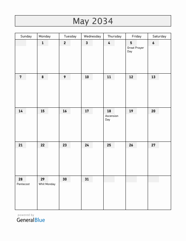 Faroe Islands May 2034 Calendar with Holidays