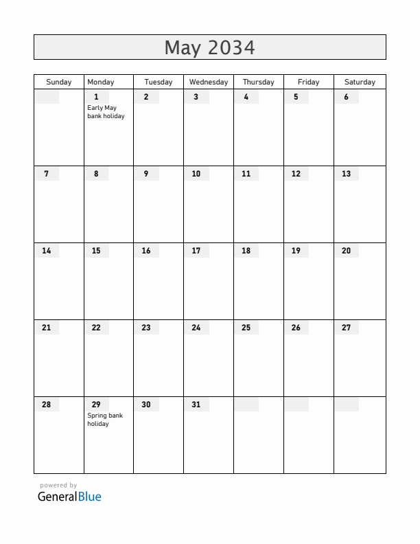 United Kingdom May 2034 Calendar with Holidays