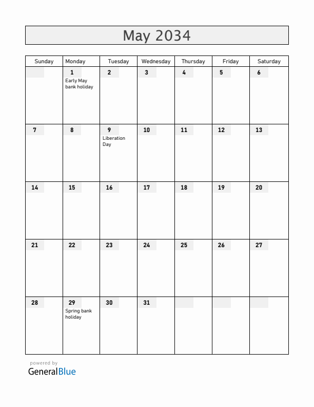 Guernsey May 2034 Calendar with Holidays