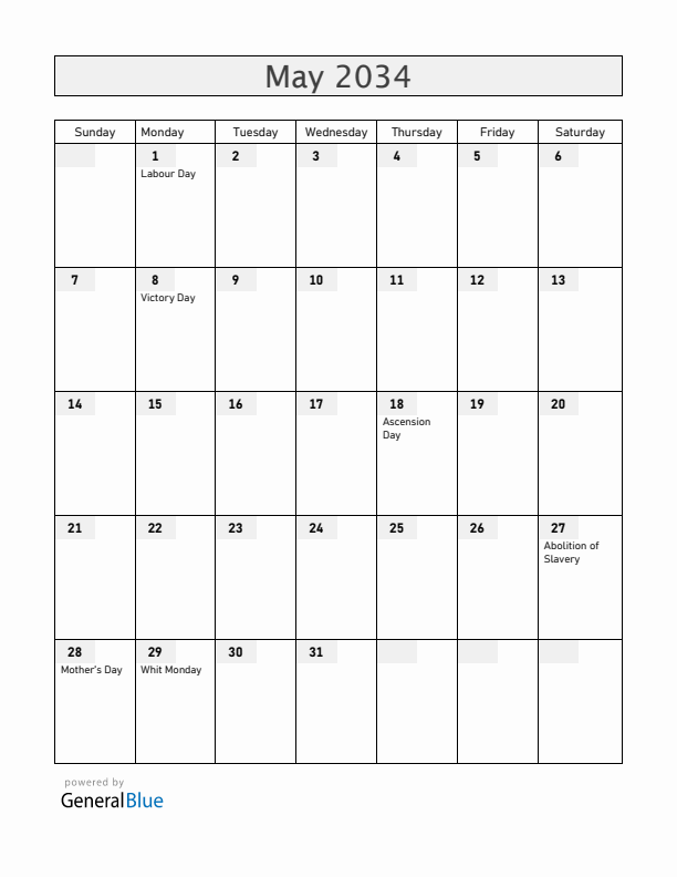 Guadeloupe May 2034 Calendar with Holidays
