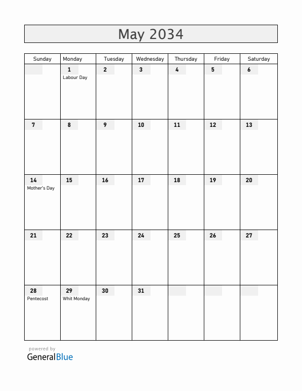 Greece May 2034 Calendar with Holidays