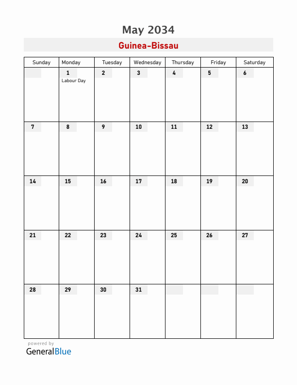 Guinea-Bissau May 2034 Calendar with Holidays