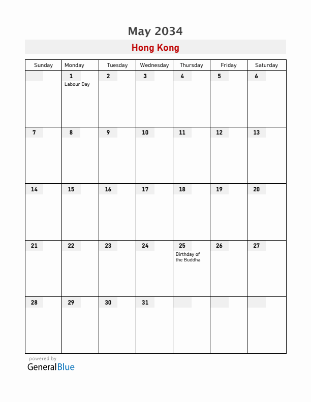 Hong Kong May 2034 Calendar with Holidays