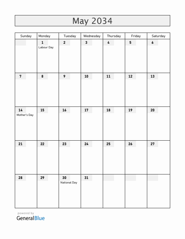 Croatia May 2034 Calendar with Holidays