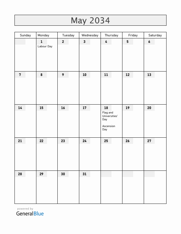 Haiti May 2034 Calendar with Holidays