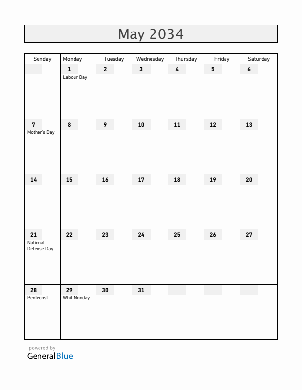Hungary May 2034 Calendar with Holidays