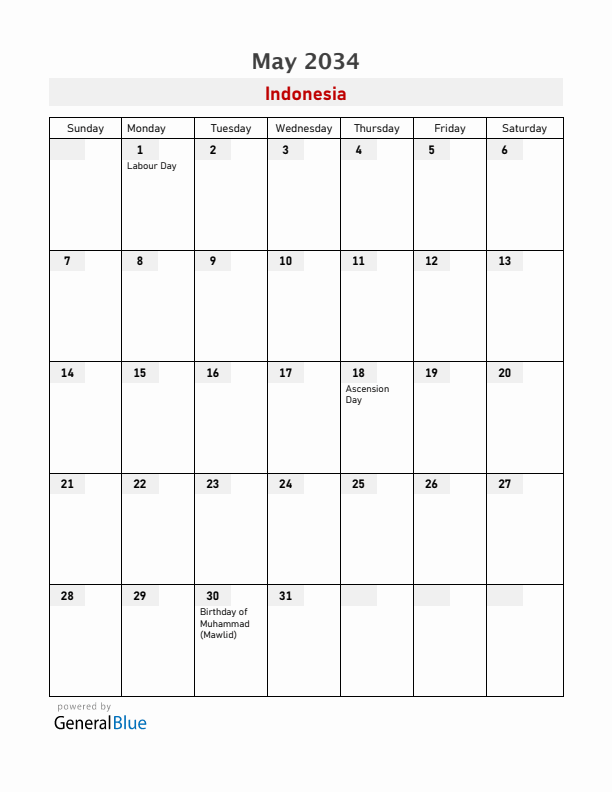 Indonesia May 2034 Calendar with Holidays