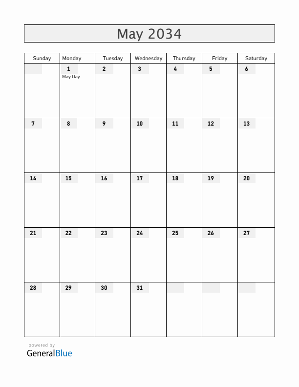 Ireland May 2034 Calendar with Holidays