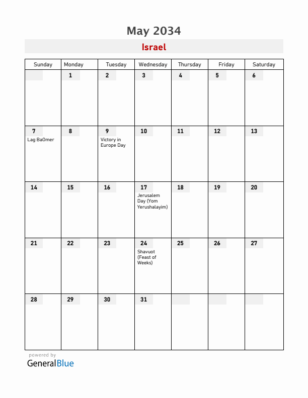 Israel May 2034 Calendar with Holidays