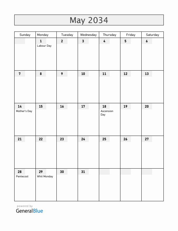 Iceland May 2034 Calendar with Holidays