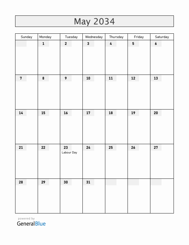 Jamaica May 2034 Calendar with Holidays
