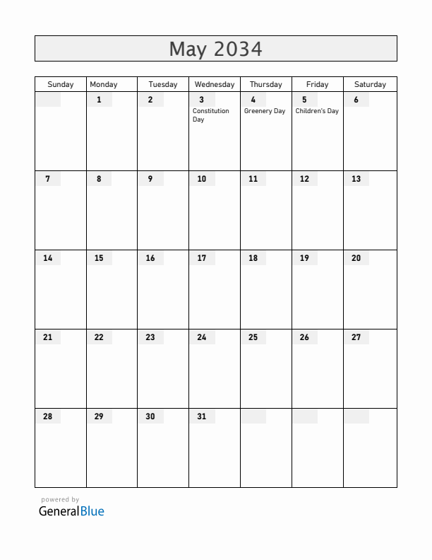 Japan May 2034 Calendar with Holidays