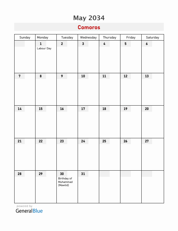 Comoros May 2034 Calendar with Holidays