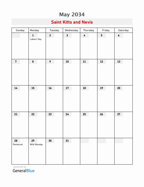 Saint Kitts and Nevis May 2034 Calendar with Holidays