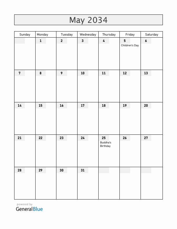 South Korea May 2034 Calendar with Holidays