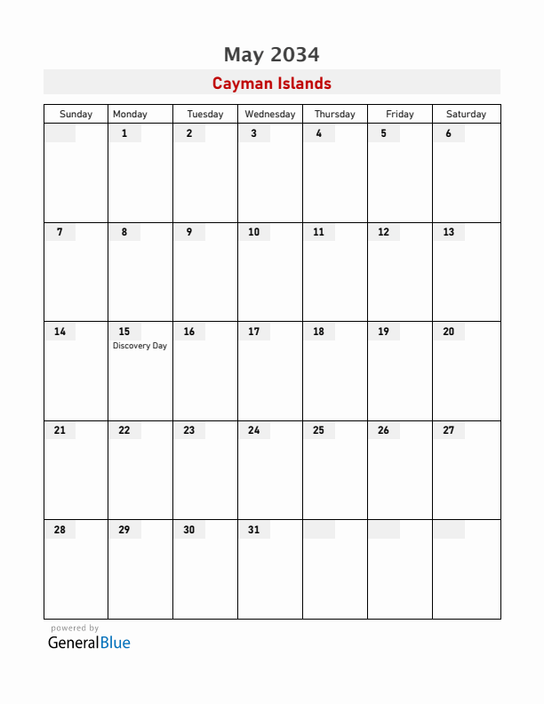 Cayman Islands May 2034 Calendar with Holidays