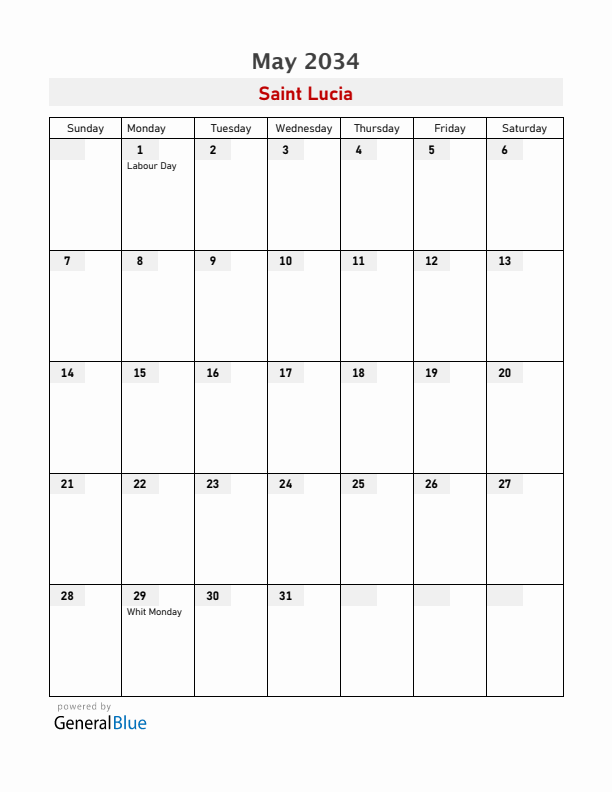 Saint Lucia May 2034 Calendar with Holidays