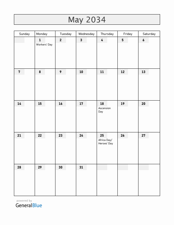Lesotho May 2034 Calendar with Holidays