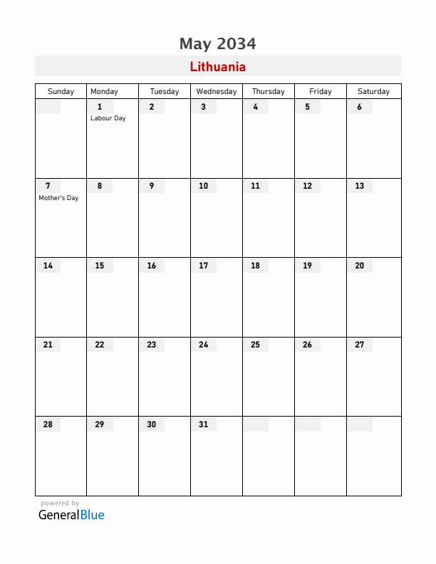 Lithuania May 2034 Calendar with Holidays