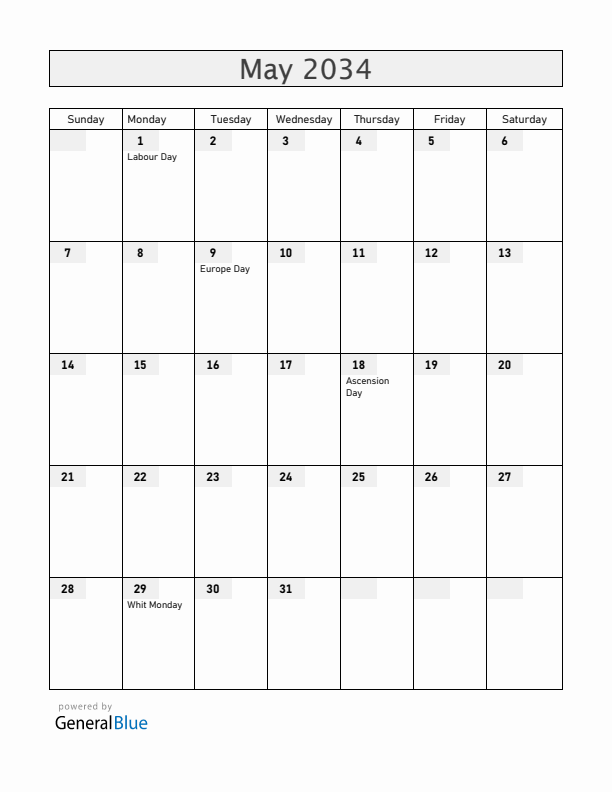 Luxembourg May 2034 Calendar with Holidays