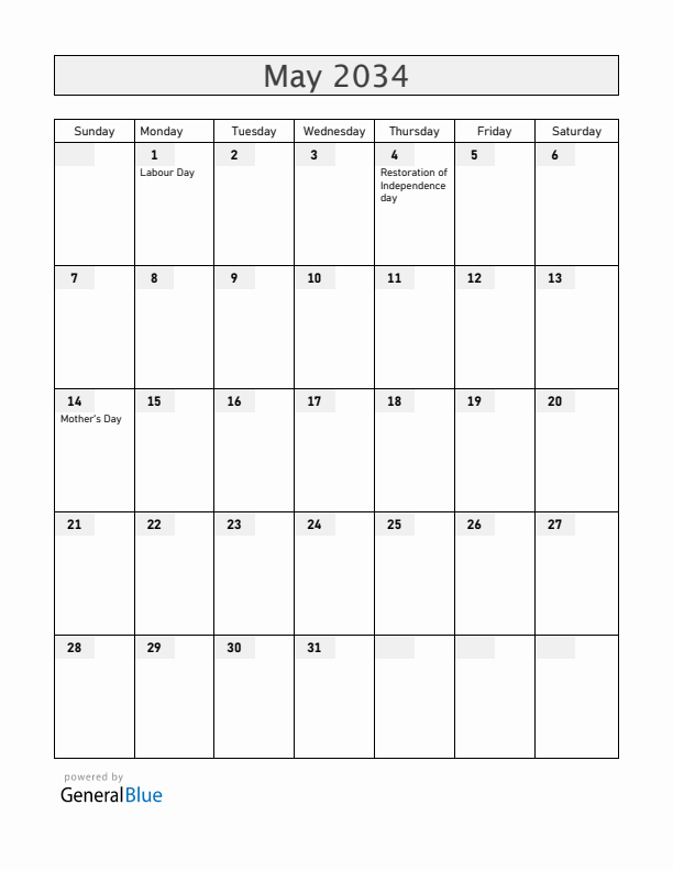 Latvia May 2034 Calendar with Holidays