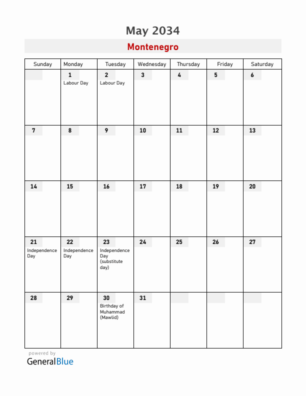 Montenegro May 2034 Calendar with Holidays