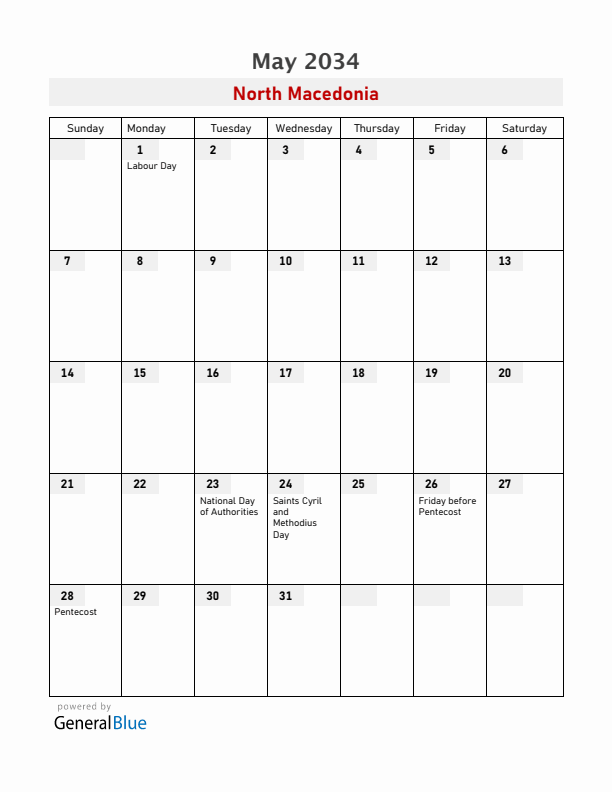 North Macedonia May 2034 Calendar with Holidays