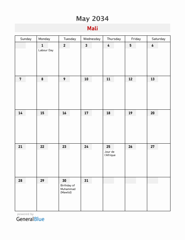 Mali May 2034 Calendar with Holidays
