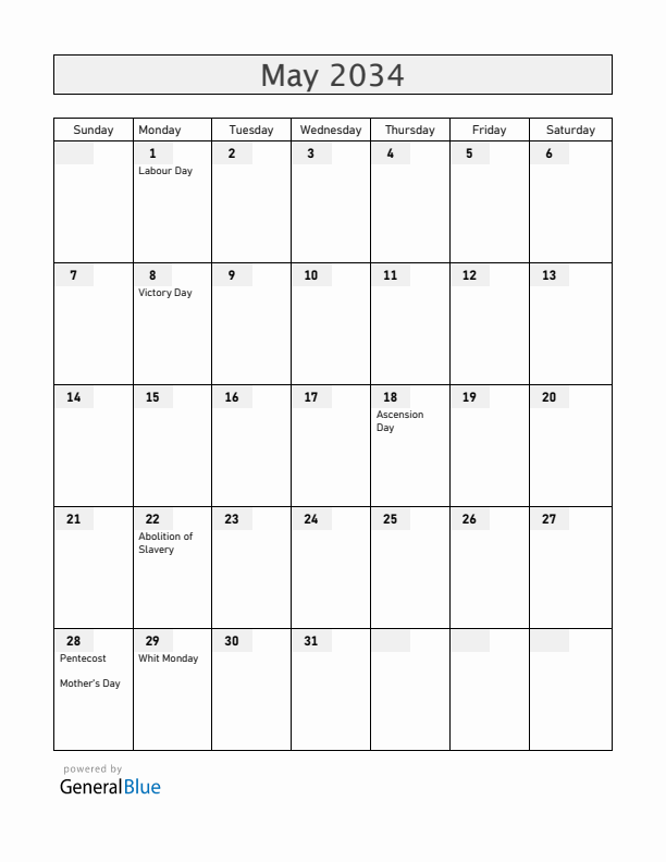 Martinique May 2034 Calendar with Holidays
