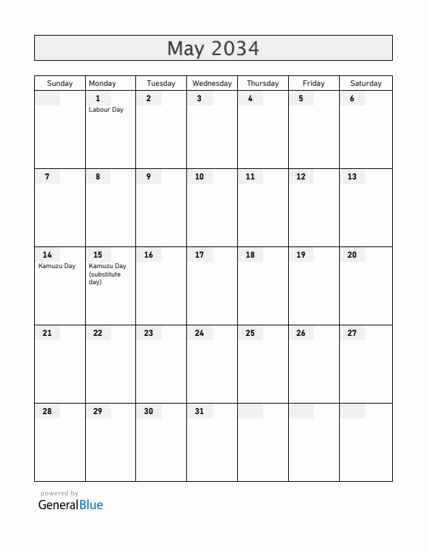 Malawi May 2034 Calendar with Holidays