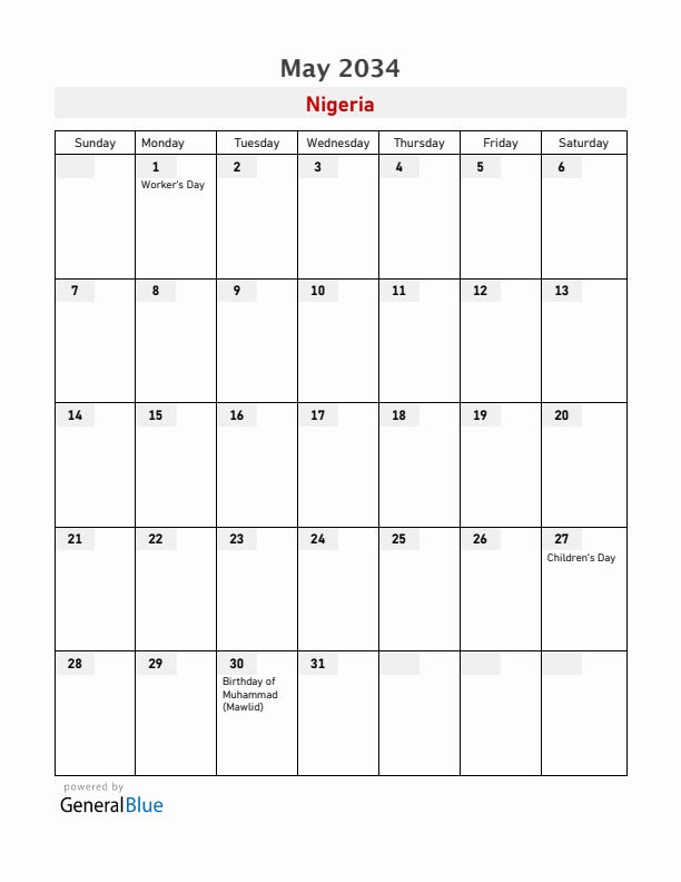 Nigeria May 2034 Calendar with Holidays