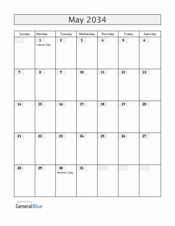 Nicaragua May 2034 Calendar with Holidays